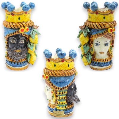 Janus à deux faces, céramique de Caltagirone, environ 18 cm de haut. Couronne, tresse et citrons, fond bleu.