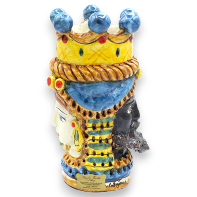 Janus met twee gezichten, keramiek van Caltagirone, ca. 18 cm hoog. Kroon, vlechtwerk en citroenen, blauwe achtergrond.