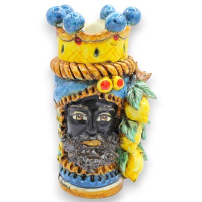 Janus à deux faces, céramique de Caltagirone, environ 18 cm de haut. Couronne, tresse et citrons, fond bleu.