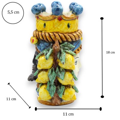 Jano de dos caras, cerámica de Caltagirone, aprox. 18 cm de altura. Corona, trenza y limones, fondo azul.