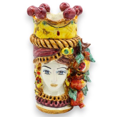 Jano de dos caras, cerámica de Caltagirone, de aprox. 18 cm de altura. Corona, trenza y granadas, fondo burdeos.