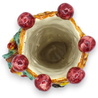 Jano de dos caras, cerámica de Caltagirone, de aprox. 18 cm de altura. Corona, trenza y granadas, fondo burdeos.