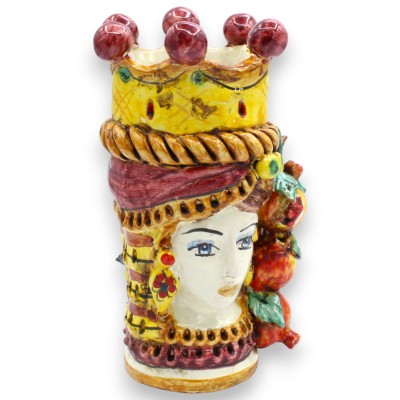 Jano de dos caras, cerámica de Caltagirone, de aprox. 18 cm de altura. Corona, trenza y granadas, fondo burdeos.