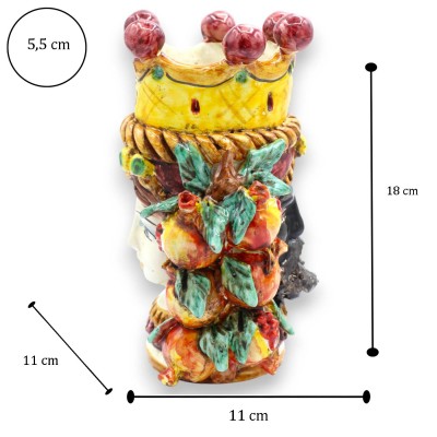 Jano de dos caras, cerámica de Caltagirone, de aprox. 18 cm de altura. Corona, trenza y granadas, fondo burdeos.