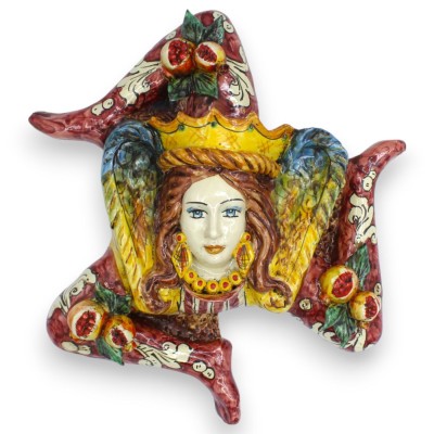 Caltagirone keramiek Trinacria, ca. 32 x 30 cm, Bordeaux achtergrond, met kroon- en granaatappeldecoraties