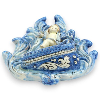 Acquasantiera barocca in ceramica Caltagirone - h 22 x L 18 cm ca. con putto, su fondo blu e bianco antico