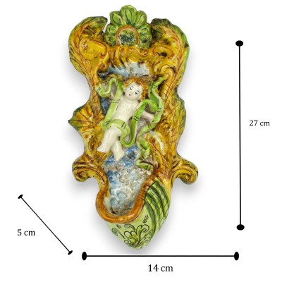 Bénitier baroque en céramique de Caltagirone - environ 27 x 14 cm de large avec chérubin, sur fond vert et jaune vieilli