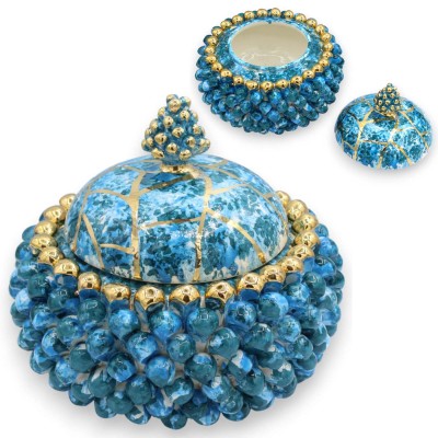 Pot à biscuits Pigna, céramique de Caltagirone, Ø 22 cm environ. Turquoise et bleu sarcelle avec effet marbré, finition émaillée