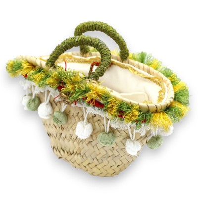 Coffa in palma nana, tipica borsa siciliana foderata, L 27 x 18 cm ca. con specchio, applicazioni e passamanerie