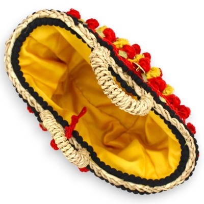 Coffa de palma enana, bolso típico siciliano forrado, L 32 x 25 cm aprox. con espejo, apliques y pasamanería
