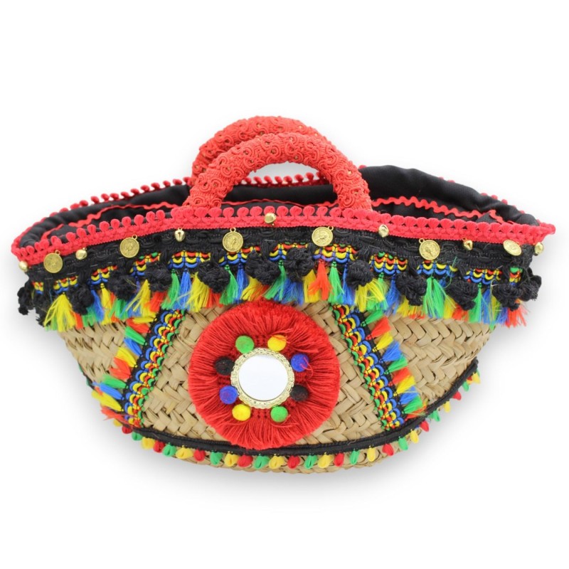 Coffa en palmier nain, sac doublé typiquement sicilien, L 40 x 24 cm environ avec miroir, appliques, médaillons et garnitures