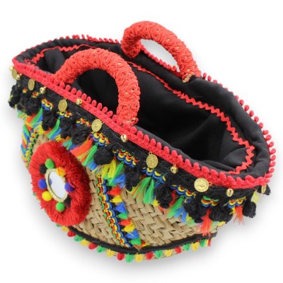 Coffa de palmeira anã, bolsa forrada típica da Sicília, C 40 x 24 cm aprox. com espelho, apliques, medalhões e enfeites