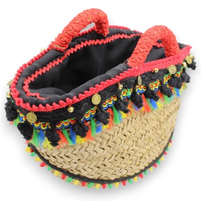 Coffa de palmeira anã, bolsa forrada típica da Sicília, C 40 x 24 cm aprox. com espelho, apliques, medalhões e enfeites