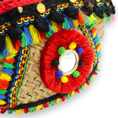 Coffa de palmeira anã, bolsa forrada típica da Sicília, C 40 x 24 cm aprox. com espelho, apliques, medalhões e enfeites