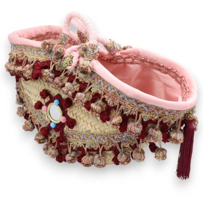 Coffa in palma nana, tipica borsa siciliana foderata, L 44 x 28 cm ca. con specchio, applicazioni, PON PON e passamanerie