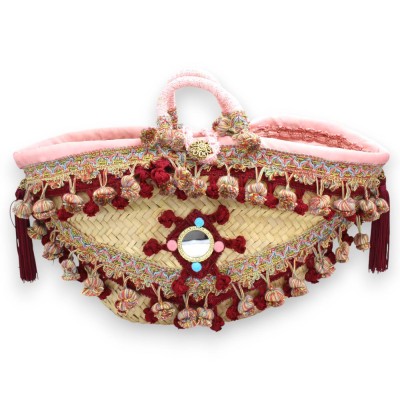 Coffa in palma nana, tipica borsa siciliana foderata, L 44 x 28 cm ca. con specchio, applicazioni, PON PON e passamanerie
