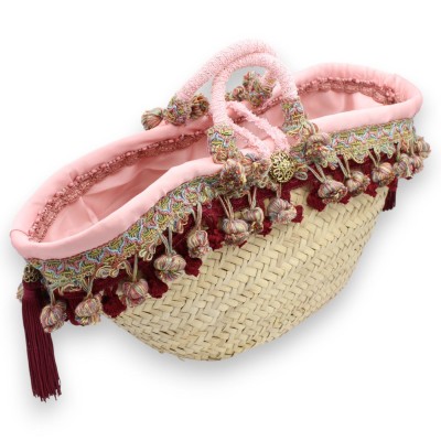 Coffa in palma nana, tipica borsa siciliana foderata, L 44 x 28 cm ca. con specchio, applicazioni, PON PON e passamanerie