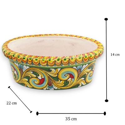 Ovale Vase, Caltagirone-Keramik, ca. 35 x 22 x 14 cm, mehrfarbiges Barockdekor, grüner Hintergrund