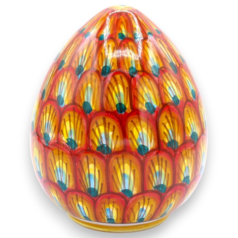 Caltagirone ceramic egg - approx. 15 x 12 cm. Peacock tail decoration, orange.