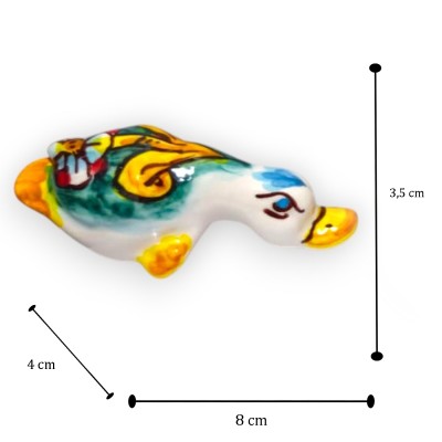 Ente mit gesenktem Kopf, „La Curtigghiara“, Keramik aus Caltagirone – L 8 x H 3,5 cm ca. Zufällige Dekorationen und Farben (1 St