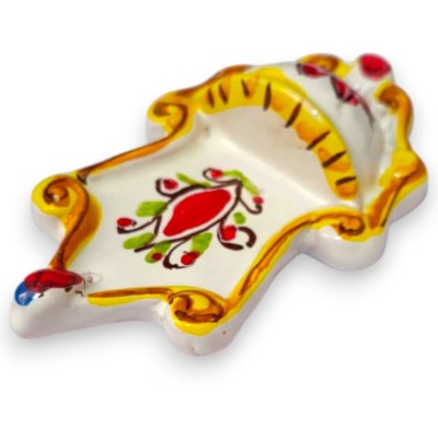 Barockes Weihwasserbecken (1 Stück) aus Caltagirone-Keramik, H 10 x B 6 cm ca. (1 Stück) mit rotem Blumendekor und gelbem Rand