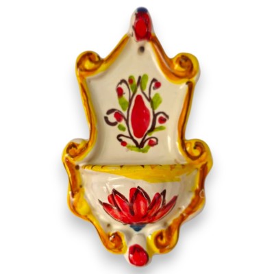 Barockes Weihwasserbecken (1 Stück) aus Caltagirone-Keramik, H 10 x B 6 cm ca. (1 Stück) mit rotem Blumendekor und gelbem Rand