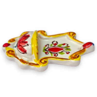 Barockes Weihwasserbecken (1 Stück) aus Caltagirone-Keramik, H 10 x B 6 cm ca. (1 Stück) mit rotem Blumendekor und gelbem Rand