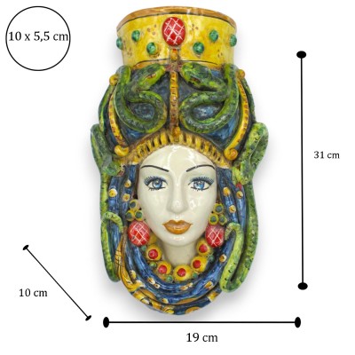Testa di Medusa Murale (da Appendere) ceramica Caltagirone. FIGURA MITOLOGICA, h 30 cm ca. fondo blu MD1