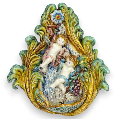 Acquasantiera barocca in ceramica Caltagirone - h 32 x L...