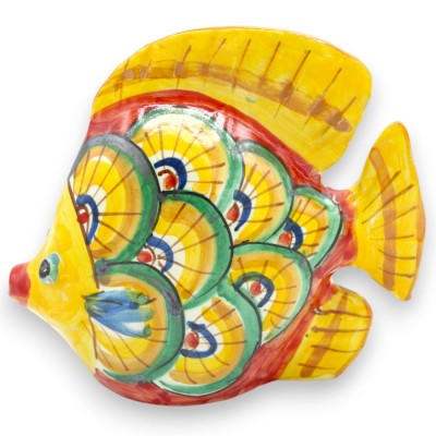 Aquarium en céramique de Caltagirone, environ 14 x 15 cm, décor queue de paon, fond jaune