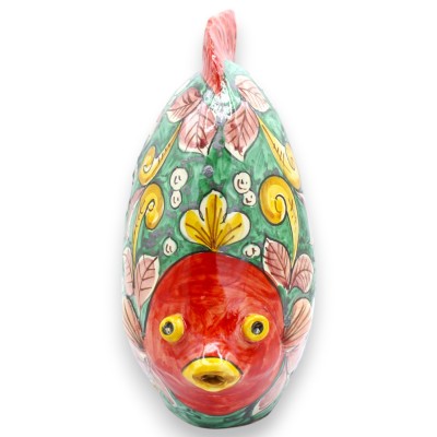 Poisson de comptoir, céramique de Caltagirone, environ 25 x 28 cm, décor géométrique et floral, fond vert et rouge