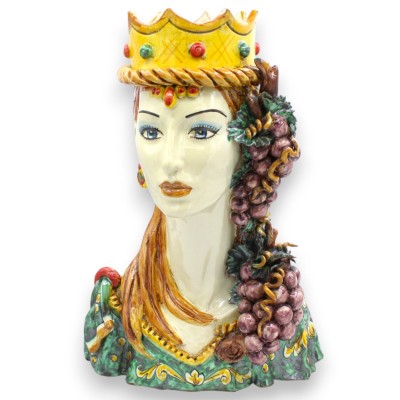 Buste de femme, céramique de Caltagirone, environ 35 cm de hauteur. Reine avec couronne, avec raisins appliqués.