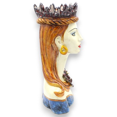 Busto di Donna, ceramica Caltagirone, h 35 cm ca. Regina Scarlatta, con Corona e applicazioni