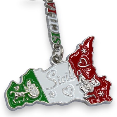 Portachiavi in Acciaio a forma di Sicilia, con i nomi delle città - h 8 cm ca. (1Unità) MD3