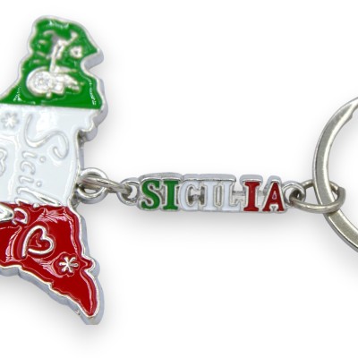 Portachiavi in Acciaio a forma di Sicilia, con i nomi delle città - h 8 cm ca. (1Unità) MD3