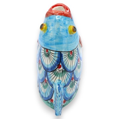 Cabeça de peixe em cerâmica Caltagirone, altura 18 x 15 cm aprox. Decoração em forma de cauda de pavão, fundo turquesa