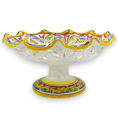 Fruit bowl centrepiece with scalloped and perforated edges, Caltagirone ceramic, 3 sizes (1 unit) baroque, floral and ribbon