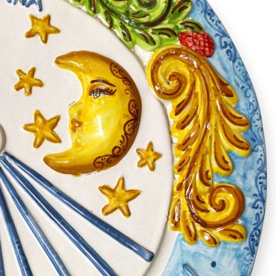 Ceramiczny zegar słoneczny Caltagirone, dwa rozmiary (1 szt.), zdobienia reliefowe ze słońcem i księżycem