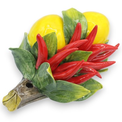 Zestaw z kompozycją 2 dużych cytryn i papryczek chili, wys. 28 x 19 cm ok. Wykonany z wysokiej jakości ceramiki