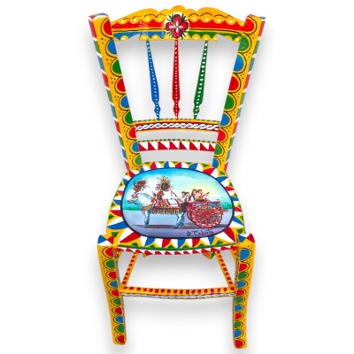 Silla siciliana vintage de madera, 100 % artesanal, decorada a mano, altura 87 cm x 40 cm aprox. Decoración de carro siciliano M