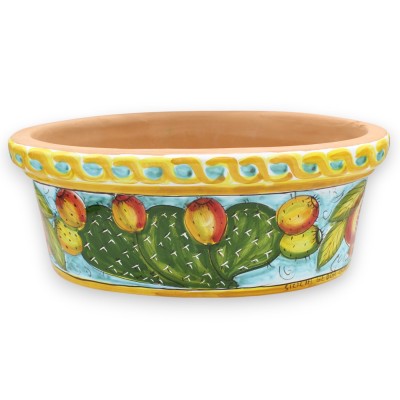 Cassetta vaso ovale, pregiata Ceramica Siciliana, 2 opzioni Misura (1Unità) decoro Melograni e Ficodindia, fondo turchese