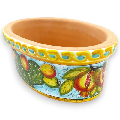 Cassetta vaso ovale, pregiata Ceramica Siciliana, 2 opzioni Misura (1Unità) decoro Melograni e Ficodindia, fondo turchese