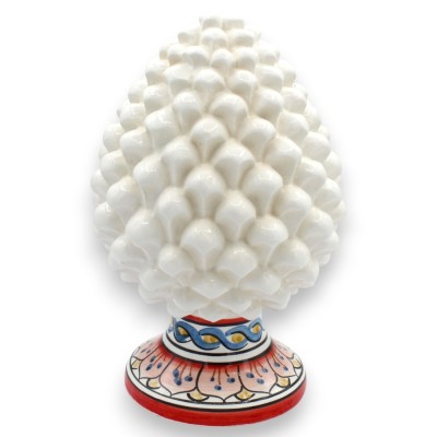 Pigna Ceramica Caltagirone con Base decorata, Bianco - Varie misure (1Unità) decoro petali e treccia, bordo rosso