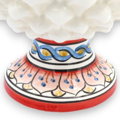 Pigna Ceramica Caltagirone con Base decorata, Bianco - Varie misure (1Unità) decoro petali e treccia, bordo rosso
