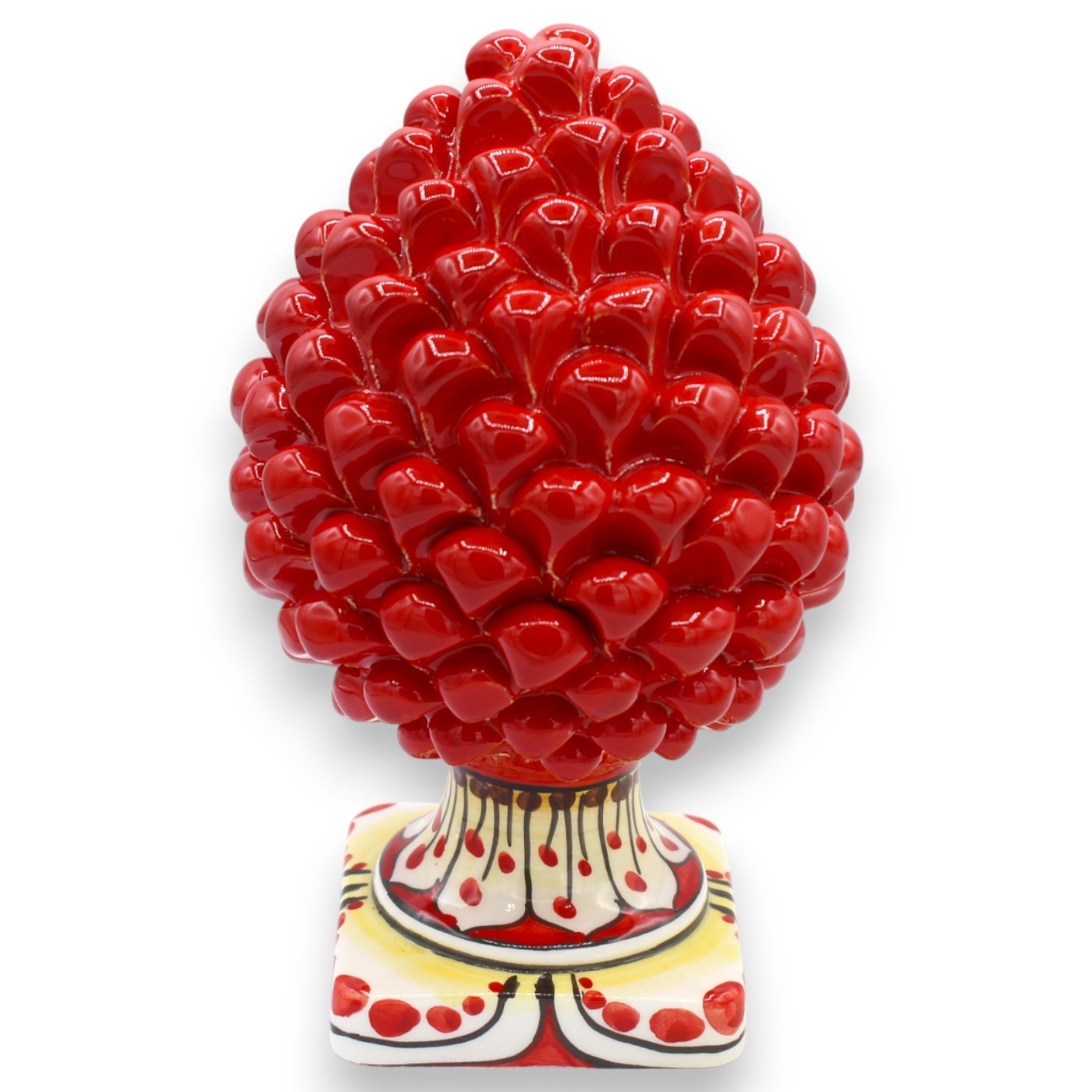 Caltagirone Ceramic Pine Cone With Decorated Square Base, Red - Various Sizes