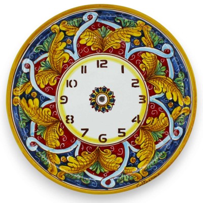 Reloj de cerámica Caltagirone, dos tamaños disponibles (1 unidad). Completo con engranaje, decoración barroca y cinta, fondo azu