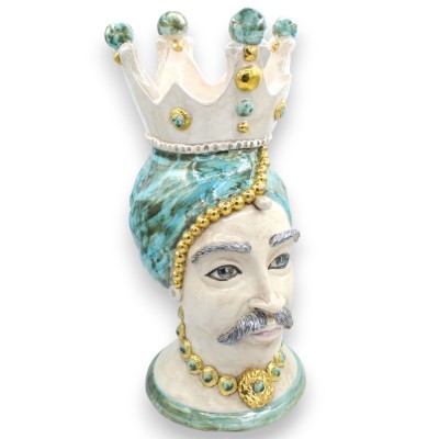 Caltagirone Moor's Head with Crown, h 43 cm, Verdigris, 24k Gold Enamel and Mother of Pearl