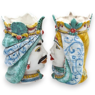 Têtes mauresques siciliennes avec couronne et turban (paire), env. 18 cm de haut, céramique de Caltagirone, MD17
