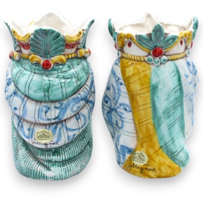 Têtes mauresques siciliennes avec couronne et turban (paire), env. 18 cm de haut, céramique de Caltagirone, MD17