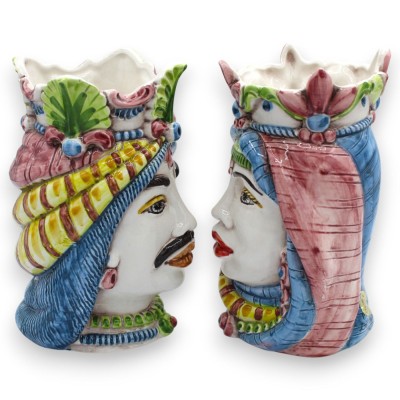 Cabezas moriscas sicilianas con corona y turbante (par), aprox. 18 cm de alto, cerámica de Caltagirone, MD1